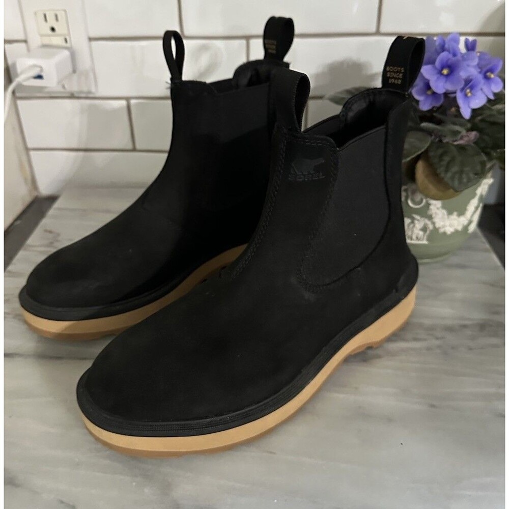 Sorel Hi-Line Heel Chelsea Boots Black Leather Waterproof Womens Size 8
